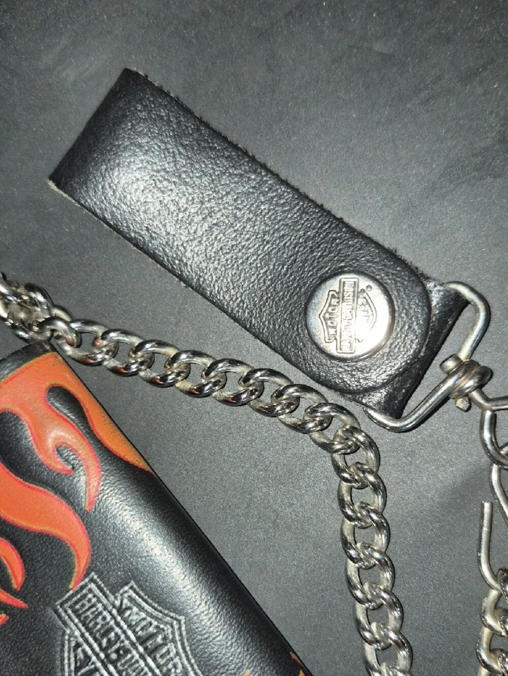 Vintage Harley-Davidson Black & Red Flame Chain Wallet with Branded Conchos